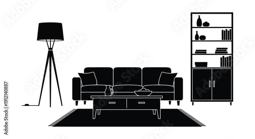 A minimalist black and white illustration depicts a modern living room setup with furniture and decor high quality professional detailed elegant