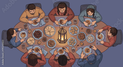 Group of people enjoying a meal together around a table with various dishes and a lantern