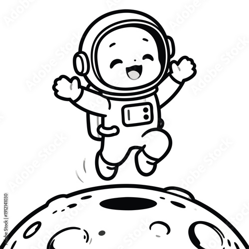 Cute astronaut character jumping on the moon in a playful pose.
