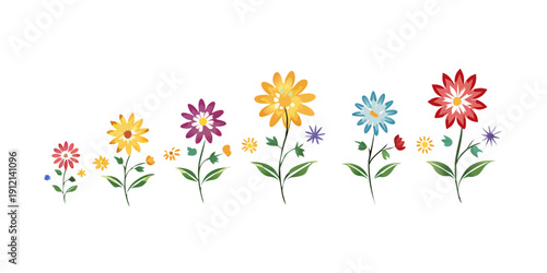A vibrant illustration of five colorful flowers in a row, each with unique petals and leaves. Vector