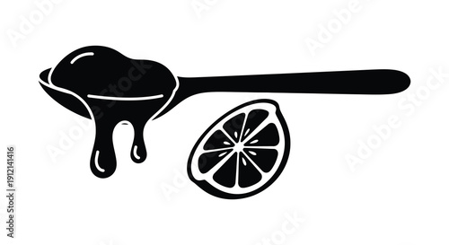 A striking black and white illustration depicts a spoonful of dripping substance alongside a halved citrus fruit high quality professional detailed