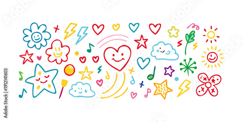 Vibrant and colorful illustration of various shapes and symbols representing love and positivity Vector