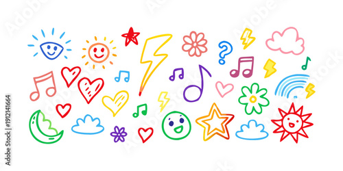 A vibrant collection of colorful doodles and illustrations with various shapes and objects Vector