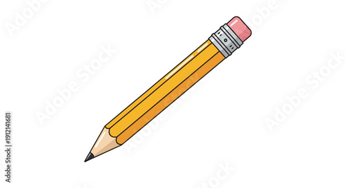 A yellow pencil with a pink eraser on a plain white surface viewed from a slight angle