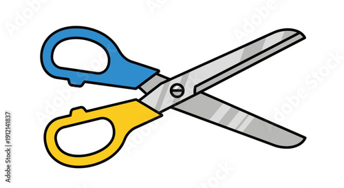 Illustration of open scissors with blue and yellow handles cutting through a transparent background