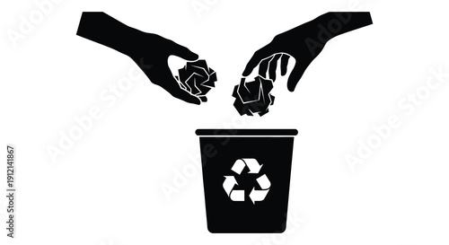 A stark black and white illustration depicts two hands offering crumpled paper towards a recycling bin high quality professional detailed modern
