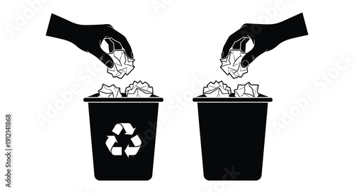 Two hands are depicted dropping crumpled paper into separate recycling and waste bins illustrating responsible disposal high quality professional
