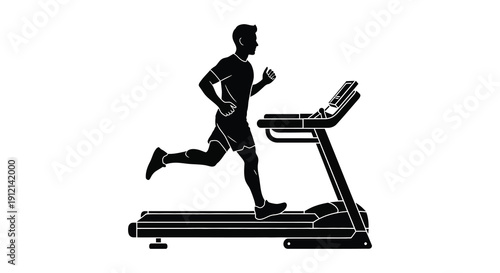 A black silhouette depicts a person running on a treadmill illustrating fitness exercise and a healthy lifestyle high quality