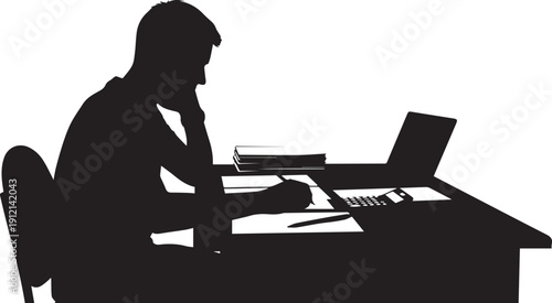 Frustrated office worker silhouette sitting at desk with laptop vector line art graphic
