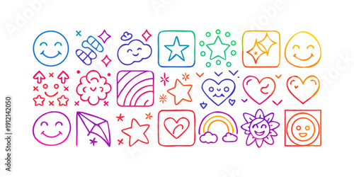 A vibrant and colorful array of various handwritten words and letters Vector