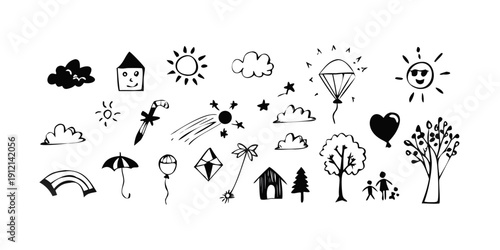 A collection of various weather and nature icons in black and white. Vector
