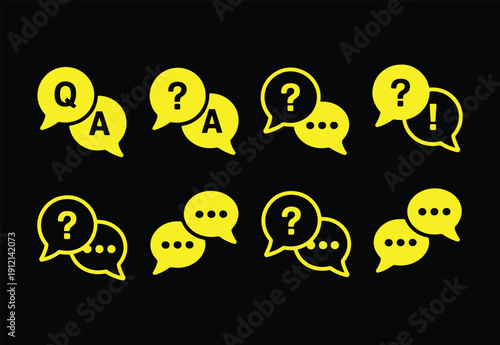 Question and answer icon set. Chat, speak bubble, Q and A, ask, support, dialog, help center symbol on white background - stock vector.