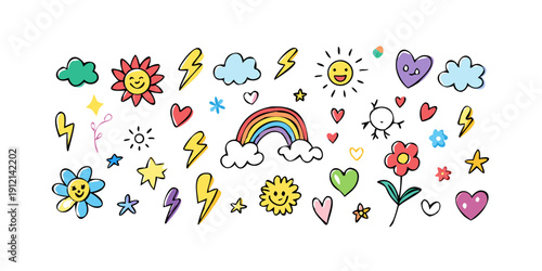 A delightful assortment of colorful stickers featuring various shapes and designs Vector