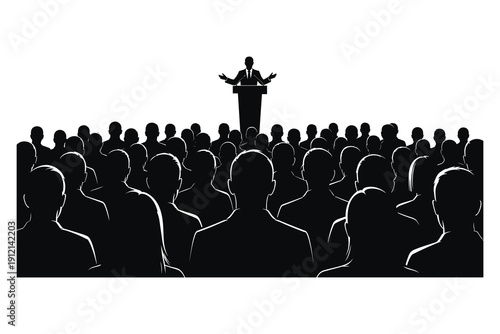 Leader addressing a crowd of people on stage, public speaking vector illustration