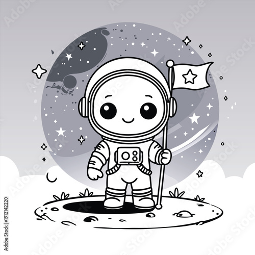 Cute astronaut standing on moon surface holding flag.