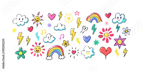 A vibrant and diverse collection of colorful cartoon animals and objects Vector