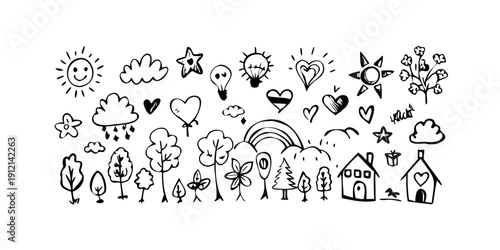 A diverse collection of various heart shapes and symbols in black and white Vector