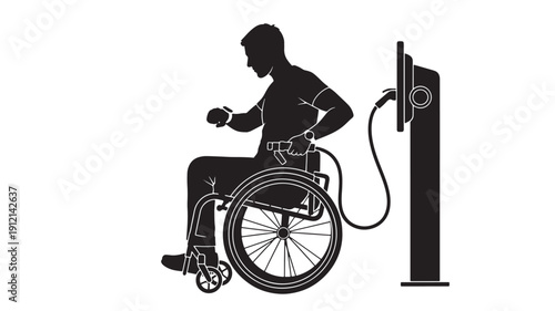 A person in a wheelchair recharging their wheelchair's batteries at a charging station.