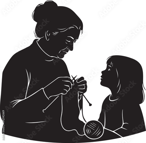 A grandmother teaches a young girl to knit with yarn and needles highlighting intergenerational learning and bonding