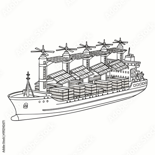 Modern sustainable cargo ship with wind turbine propulsion system carrying containers, line art illustration. Eco-friendly ocean freight and global logistics concept.