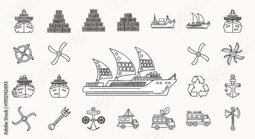 Line art vector icon set: ships, boats, maritime elements, propellers, anchors, and transport vehicles. Perfect for web, app, and graphic design projects.