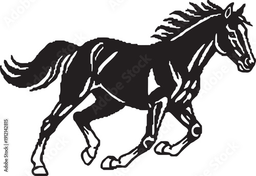 Silhouette of galloping horse running freely across transparent background in dynamic motion, powerful animal with flowing mane and tail, artistic graphic representation