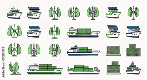 Green energy and sustainable transport icons. Eco-friendly logistics, renewable power, solar ships, and wind turbines for a greener future.