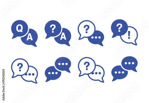 Question and answer icon set. Chat, speak bubble, Q and A, ask, support, dialog, help center symbol on white background - stock vector.