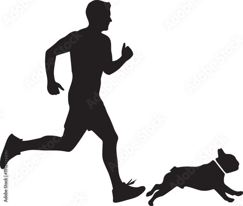 Runner silhouette jogging with french bulldog pet on transparent background for fitness health activity and animal lover concept