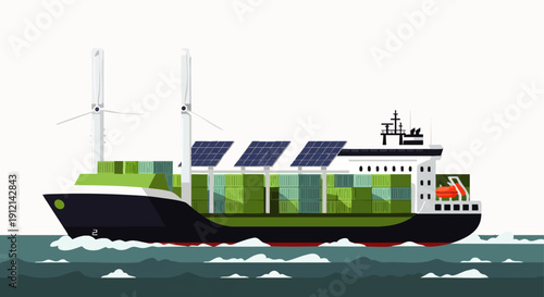 Sustainable cargo ship powered by wind and solar energy, promoting green logistics and eco-friendly global transport. Modern flat vector illustration.