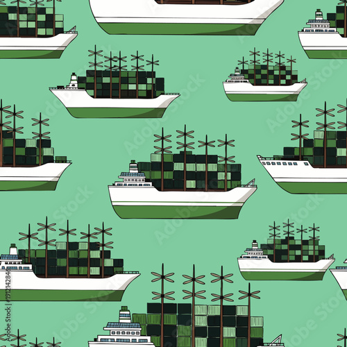 Seamless pattern of cartoon cargo ships carrying trees instead of containers, symbolizing sustainable shipping and eco-friendly transport on a green background.