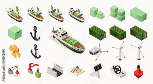 Isometric vector icons set for global maritime transport, cargo shipping, and port logistics. Includes ships, containers, cranes, anchors, and industrial elements.