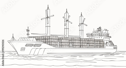 Line art illustration of a modern container ship with wind-assist propulsion, sailing on the ocean. Global trade, sustainable shipping, maritime logistics.