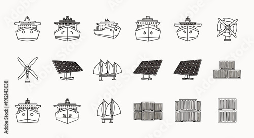 Line art icons: global shipping, maritime transport, sustainable energy. Cargo ships, container vessels, solar panels, wind turbines, logistics containers for industry.