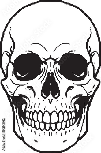 Detailed skull illustration with dark eye sockets, empty nose cavity, and grinning teeth, evoking mortality and macabre themes, gothic art.
