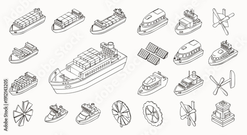 Detailed Isometric Line Art Vector Icons of Marine Transport: Cargo Ships, Passenger Boats, and Propellers for Logistics and Nautical Themes