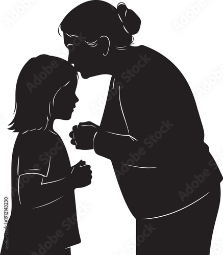 Silhouette of mother kissing her daughter forehead expressing love and affection on transparent background vector illustration