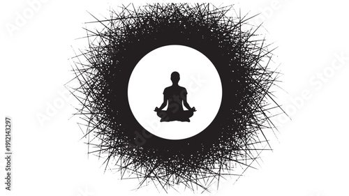A serene silhouette of a person meditating surrounded by chaotic scribbles in a circular frame viewed from the front