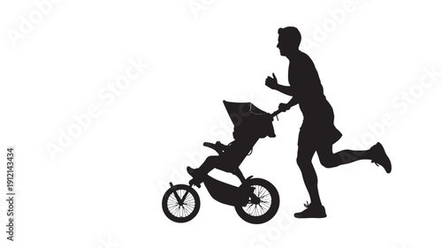 Man running with jogging stroller with child inside on a sunny day outdoor fitness activity from side view