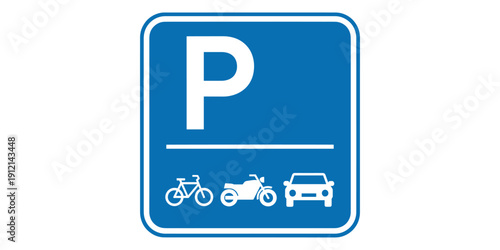 Blue parking sign with white symbols isolated on white background