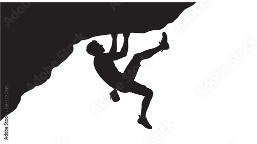 A climber ascends a rugged cliff face with intense focus and skill, captured in a dramatic silhouette illustration.