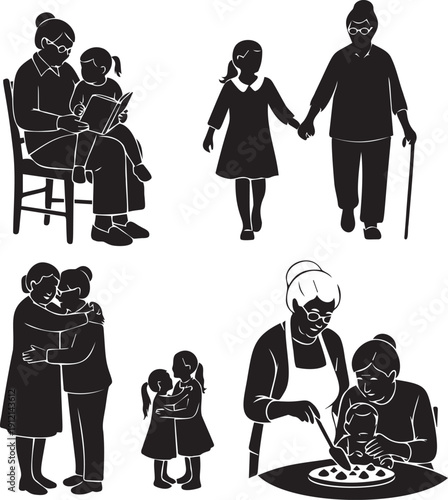 Set of black silhouettes of grandmothers and children. elderly woman reading to child, walking, hugging, cooking together