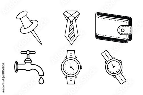 Collection of Minimalist Line Art Icons Featuring Fashion Accessories, Office Supplies, and Home Hardware - Scalable and Editable Vector Illustration
