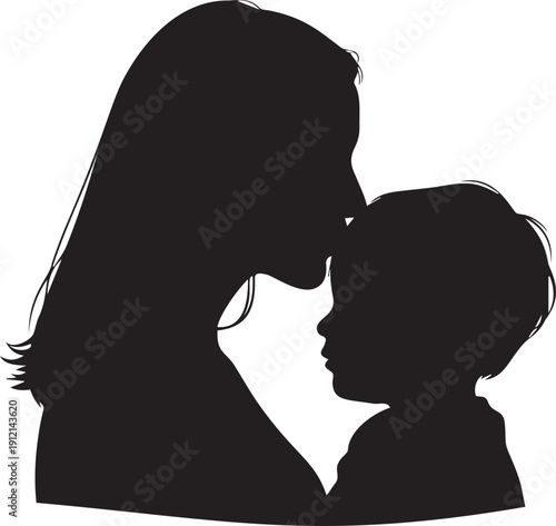 Black silhouette of mother kissing child on forehead. tender moment of maternal love and affection between mom and kid
