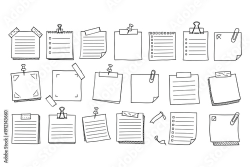 Set of paper notes and documents with clips and pins, office supplies vector illustration