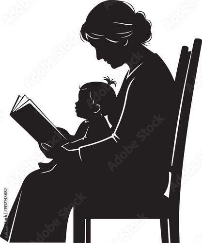 Mother reading a book to her child, silhouette of learning and shared moments, representing education and maternal love, cozy indoor scene illustration