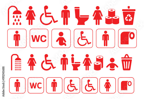 WC icon set. Toilet, restroom, man and woman, bathroom, disabled, dumpster, toilet paper, infant - stock vector.