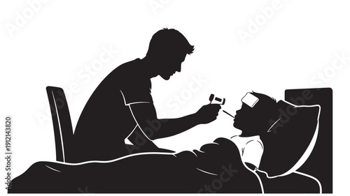 Man kneeling beside a hospital bed holding a medical instrument near a patient's head in a healthcare setting from a side viewpoint