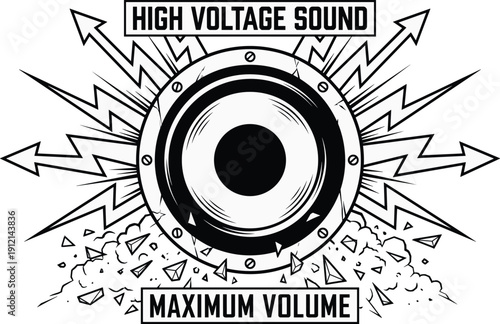 High Voltage Sound vector illustration, dynamic speaker design with lightning bolts, arrows, shattered pieces, and bold Maximum Volume text