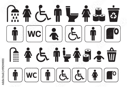 WC icon set. Toilet, restroom, man and woman, bathroom, disabled, dumpster, toilet paper, infant - stock vector.